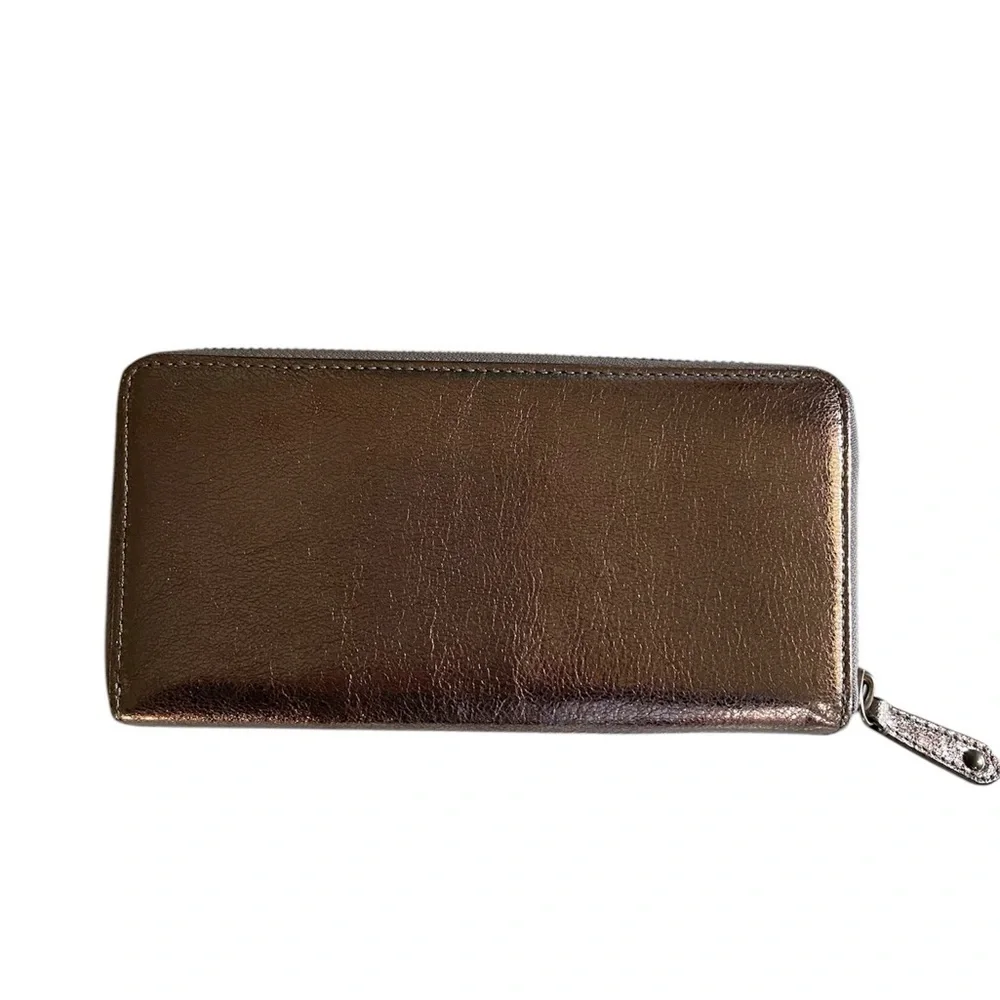 Coach New Madison Gunmetal Pewter Metallic Accordion Zip Around Wallet NWOT